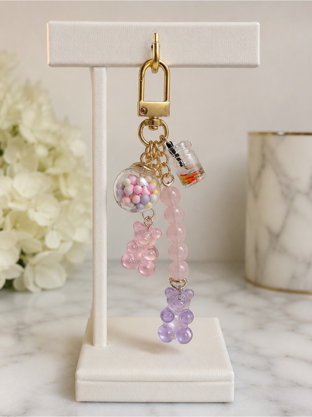 Pastel Pink & Lavender Gummy Bear Charm Keychain with Gold Hardware